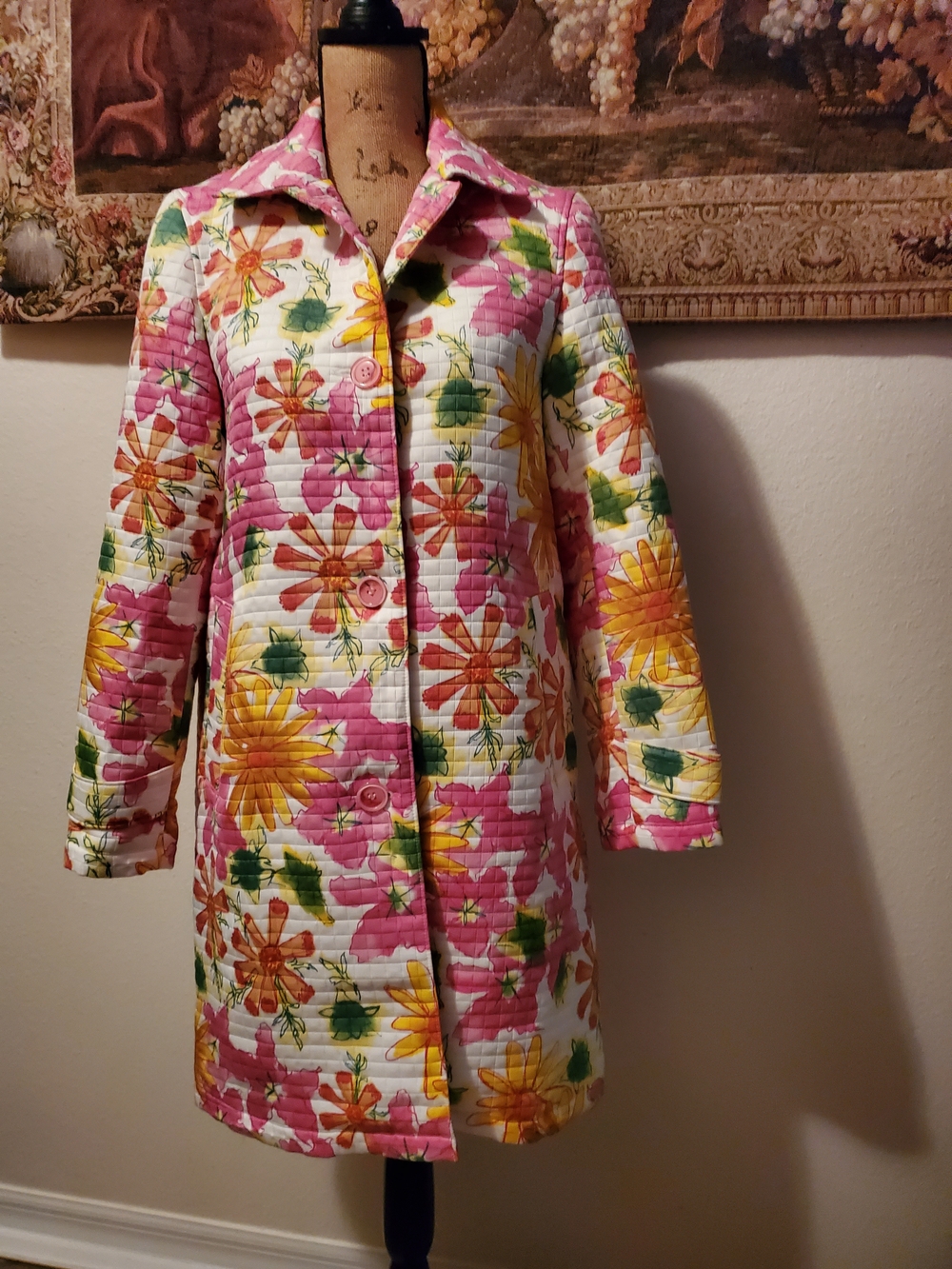 Harve Benard Pink and Yellow Floral Quilted Pea Coat
